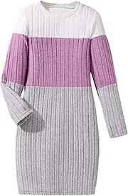 [Hilinker] Girls Sweater Dress Long Sleeve Ribbed Color Block Fall Winter Dresses 7-14 Years