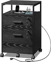 DEVAISE 2 Drawer File Cabinet with Lock and Charging Station, Wood Filing Cabinet fits A4 or Letter Size, Mobile Printer Stand with Open Storage Shelf for Home Office, Black
