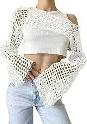[Generic] Women's Crochet Crop Tops Summer Mesh Hollow Out Bikini Cover Ups Long Sleeve Short Y2K Streetwear