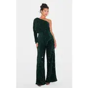Emerald Green Velvet Sequin One Shoulder Wide Leg Jumpsuit, Emerald Green