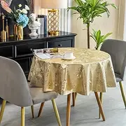 Gold Jacquard Tablecloth, FHDUSRYO PVC Floral Pattern Round Table Cloth, Waterproof Wipeable Magnolia Table Cover, Oil-Proof Table Protector for Kitchen, Dinning Room, Party (55”x55”)