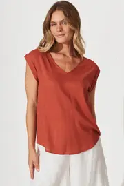 Jina Top Short Sleeve in Orange Rust Linen Blend 8