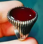 Natural Brown Yemeni Aqeeq Engraved Sterling Ring Haqeeq Oval Shape Akik 925