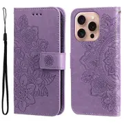 For iPhone 16 Pro Case, PU Leather Mandala Cover, Light Purple