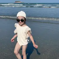 在飛比找ETMall東森購物網優惠-女童泳衣女孩新款韓版白色連體泳裝寶寶ins度假風無袖花邊游泳