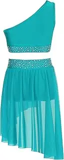 [winying] Kids Girls Modern Lyrical Dance Costume Overlay One Shoulder tank Top with Skirted Briefs