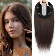 ICRAB Premium Remy Hair Toppers for Women Real Human Hair,Upgraded Handmade Forehead Silk Base Human Hair Topper No Bangs Clip in Extensions Wiglet Hairpieces for Thinning Hair Left Side Part 16" Dark Brown