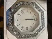 Silver Mirror Wall Clock, Octagon Glass Elegant Diamond 12-inch Non-Ticking