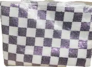 Long Thin Fabric Table Runner (14"x108") SEQUIN PURPLE & WHITE BUFFALO CHECK, LT