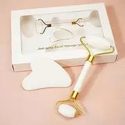 Natural White Jade Gua Sha and Jade Facial Roller Set, Manual Facial Massager and GuaSha Tool, Skin Care Gift(White B)