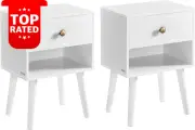 Set of 2 Bedside Tables Storage Drawer Open Shelf Solid Wood Legs Cloud White