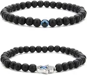 [COLORFUL BLING] Lucky Evil Eye Blue Beaded Charm Stretch Bracelet Black Agate Beads Gemstone Lava Stone Evil Eye Bracelet for Unisex