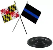 State of Maryland w/ Police Thin Blue Line Flags 4"x6" Desk Set Table Black Base