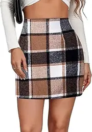 [KEOYA] Women's Skirts Elegant Plaid Mini Skirt High Waisted Bodycon Skirts Fall Winter Wrap Mini Skirt Vintage Tartan Checked Pencil Skirt A Line Zipped Skirt Casual Office Work Skirts
