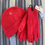 NWT NORDSTROM RACK CASHMERE SET CUFFED BEANIE HAT & GLOVES RED LYCHEE ONE SIZE