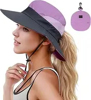 [H HOME-MART] Sun Hat for Women, Packable Ponytail Sun Bucket Hat for Women Men Wide Brim Hat UV Protection Hat Foldable Cool Mesh Ponytail Bucket Hat
