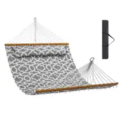 Double Quilted Fabric Hammock with Hardwood Bar and Pillow, 2-Person Capacity