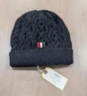 $380 Mens THOM BROWNE "Aran" Cable Knit Merino Wool Beanie Hat Dark Gray