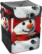 Car Trash Can with Lid and Storage Pockets Leak-Proof Organizer,Waterproof Garbage Can,Christmas Theme Snowman