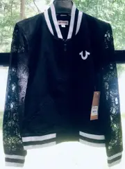 TRUE RELIGION Discontinued Lace Sleeve Black Bomber Jacket World Tour Varsity *S
