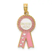 14k Yellow Gold Enamel GREATEST MOM Pink RIBBON Charm