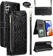 [Furiet] Luxury Wallet Case for Samsung Galaxy S24/S25 5G with Wrist Strap Shoulder Strap Zipper Purse Pleated Pattern Card Holder Stand Reflection Cell Phone Cover for S 24 24S 25 25S G5 SM-S931U Black
