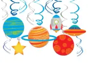 BLAST OFF Outer Space Party Rocket HANGING SWIRL DECORATIONS 12pcs planets