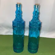 Aqua Blue Glass Bottles Decanters Set Of Two Embossed W/ Cork New Sealed!