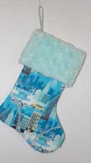 Blue with Yellow Taxi 14" Hand Crafted Christmas Stocking Silver Cord to Hang