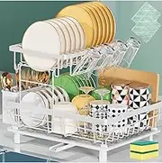 Dish Drying Rack,2 Tier Multifunctional Dish Rack, Rustproof Kitchen Dish Drying Rack with Drainboard, Utensil Holder, Cup Holder for Dishes, Knives, Spoons, Forks (White)