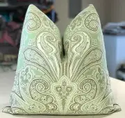 PAIR SCALAMANDRE PISTACHIO MOCHA & OFF WHITE "KELLIE" PAISLEY CUSTOM PILLOWS