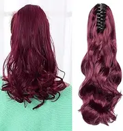 Clip-in Ponytail Extensions Braid Hairpiece Claw Ponytail Hair Extensions Like Real Hair Wavy Curly Synthetic Hair Long Hair Heat Resistant Wine Red