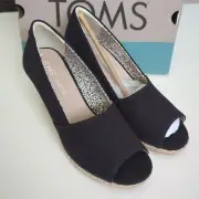 TOMS Wedge Sandals Size 8 Espadrilles Michelle Black Canvas Jute New Box