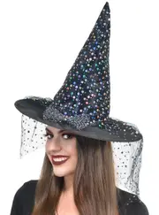 Wicked Witch Black Hat with Holographic Dots and Veil