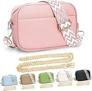 [YILCER] Crossbody Bag for Women, Small Leather Cross Body Bag Ladies Camera Handbag, Pom Pom London Bags Shoulder Bag with Changeable Guitar Wide Strap and Tassel (2 Shoulder Straps)
