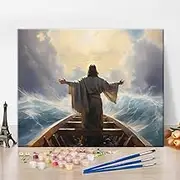 Jesus Paint by Numbers for Adults Jesus Christ Calms the Storm at Sea Acrylic Paint by Number Kits Jesus is Baptized Beginner Easy Hand Painting for Wall Decor Oil Painting, 16"x 20" Unframed