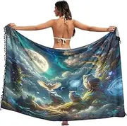 [RPLIFE] Magical Owls Women's Sarongs for Bathing Suits, Summer Swim Sarongs Women Long, Large, Magical Owls, Large