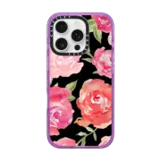 iPhone 16 Pro Impact Case MagSafe Compatible Black and Pink Watercolor Peonies