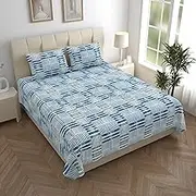 LINENWALAS 100% Pure Cotton Bedsheets For King Size Bed - 200 Tc Crisp & Soft Printed Flat Bed Sheet With Pillowcases (108 X108 King, Marble Mist, Blue, White)