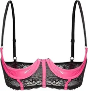 [TiaoBug] Women Sexy PVC Leather Exposed 1/4 Cups Bra Push Up Underwired Shelf Bra Top Bralette