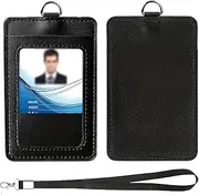 [Tovbmup] Black PU Leather Card Holder and Bus Travel Pass Holder with Clear ID Name Window, Identity Credit Card Slot, and Detachable Neck Lanyard Strap - Vertical Badge Holder for ID Cards, Offices, Schools.