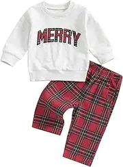 [Loalirando] Toddler Baby Boys Christmas Outfits Long Sleeve Letter Embroidery Sweatshirt Tops Plaid Pants with Pockets Fall Winter 2 Piece Clothes