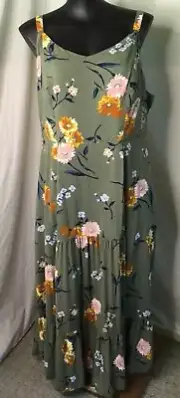AUTOGRAPH KHAKI GREEN “FLORAL” SMOCKED BACK TIERED MAXI DRESS SZ 24 NEW STOCK