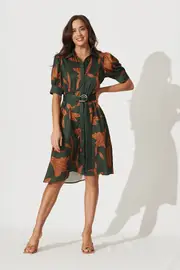 Women's Party Kristel Shirt Dress Half Sleeve in Green Khaki With Rust Leaf Print Satin 8