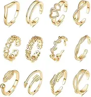 [FUNEIA] Pack of 12 Adjustable Open Toe Rings Gold for Women 14 Carat Gold-Plated Silver/Rose Gold Toe Rings Set Ankle Rings Foot Ring Round Shape Foot Ring Opening Ring for Women Girls