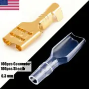 200× 6.3mm Brass Female Spade Connector Wire Crimp Terminal Insulated Sleeve