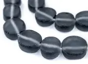 Charcoal Grey Flat Circular Java Recycled Glass Beads 15mm Indonesia Sea Glass