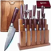 Damascus Knife Block Set 15PCS Kitchen Knife Set with Block Premium Chef Knife Set Stainless Steel Handle, Japanese Knife Set, Cutting Board, Wine Corkscrew Set Perfect Housewarming Gift