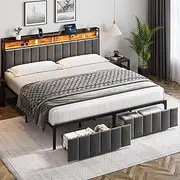 King Size Bed Frame with 2 Storage Drawers, Upholstered King Bed Frame with LED Lights Headboard and Charging Station, No Box Spring Needed, Easy to Assembly-Dark Grey