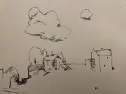 Cubism Americana Houses Landscape Clouds Ink Drawing Original Signed 9x12
